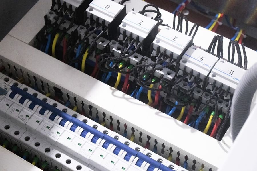 A consumer unit with the breakers fitted and the circuits terminated.